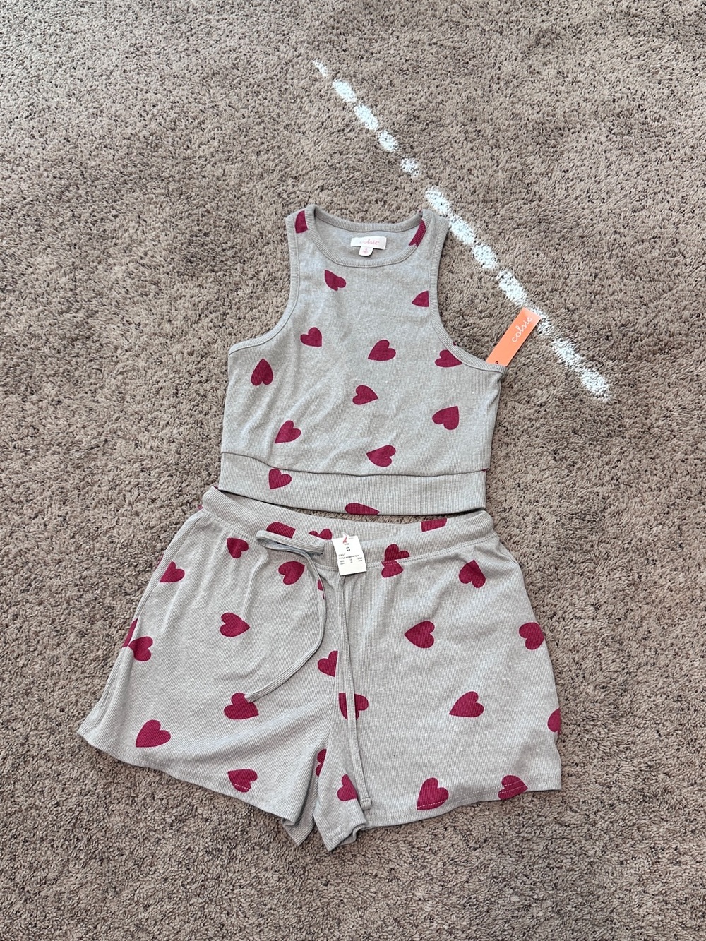 Colsie Grey Crop Tank & Shorts Pajama Set with Pink Hearts